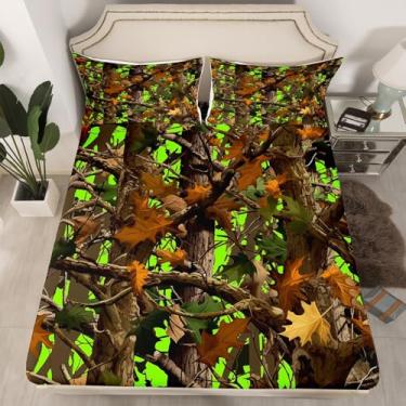Imagem de Erosebridal Jogo de lençol solteiro camuflado verde limão, rústico, campo, campo, caça, floresta, camuflagem, para crianças, meninos e adolescentes, lençol com elástico, 2 peças