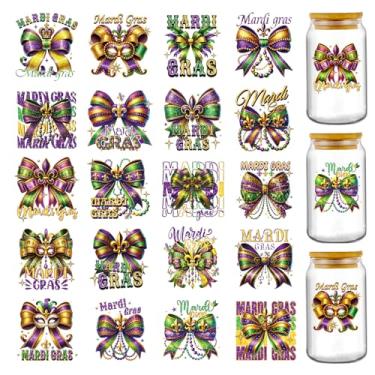 Imagem de Adesivos Mardi Gras UV DTF - 20 folhas de arcos de coquete de ouro roxo UV DTF envoltórios de copo para vidro de 473 ml, decalques adesivos de transferência de máscaras King DIY garrafa de água caneca