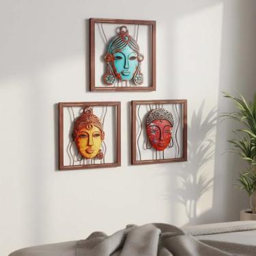 Imagem de Pacote com 3 arte de parede de metal boho, decoração de parede abstrata com rosto de mulher indiana 3D, decoração de parede abstrata feminina moderna, decoração de sala de estar, decoração de quarto