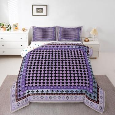 Imagem de jejeloiu Conjunto de edredom xadrez, xadrez, damasco, floral, para crianças, meninos, meninas, geométrico, quadriculado, decoração de quarto de microfibra, 3 peças com 2 fronhas