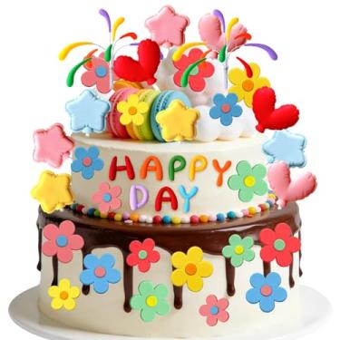 Imagem de Simple Polymer Kit de decoração de bolo 14 peças de flores coloridas de silicone macio, estrela, topo de bolo de coração para decoração de bolo de festa de aniversário
