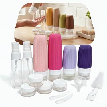 Imagem de Kit 16 Frascos de Viagem Recarregáveis Silicone Premium Antivazamento – Recipientes para Shampoo, Cremes e Cosméticos + Bolsa Transparente TSA | Organização e Praticidade em Viagens (Tons Rosados)