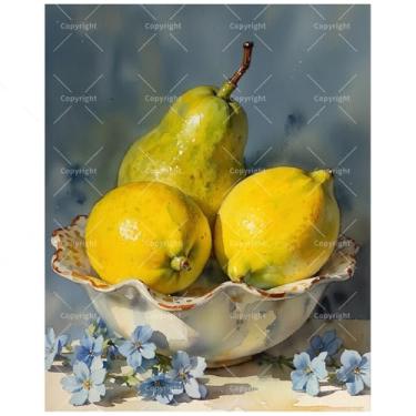 Imagem de TAOPAOLAB Kit de pintura vintage por números para adultos - Pintura DIY de limão e pera em tela 30 x 40 cm, conjunto de tinta acrílica emoldurada, adequado para iniciantes, arte para decoração de casa