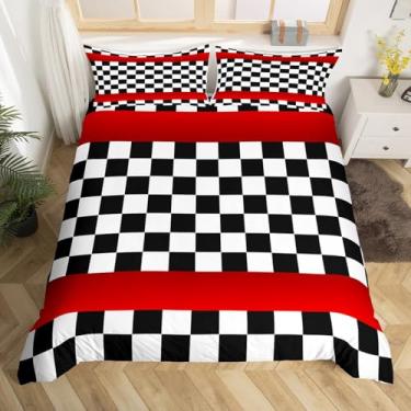Imagem de Jogo de cama solteiro, preto, branco, vermelho, carro de corrida, com 1 fronha, sem enchimento, para crianças, conjunto de capa de edredom quadriculado decorativo, 2 peças