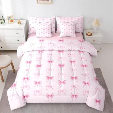 Imagem de Erosebridal Jogo de cama Queen com gravata borboleta rosa para meninas, 7 peças, para crianças, adolescentes, lençol de cima, lençol de cima kawaii, com laço e laço rosa