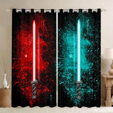 Imagem de Feelyou Cortinas de sabre de luz para meninas, meninos, decoração de casa, sabre de luz, bolso para varão, isolamento térmico, vermelho, azul-petróleo, 2 painéis, cortinas escurecidas para quarto,