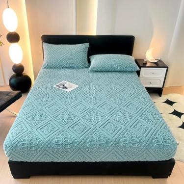 Imagem de ZIQINPSQ Lençol de casal jacquard de veludo tafetá - roupa de cama luxuosa - ultramacio, aquecimento rápido, antiestático, protetor de colchão 360°, azul-petróleo, sem fronhas