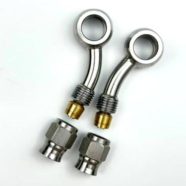 Imagem de 2 peças de aço inoxidável 28 graus lateral cotovelo fêmea AN3-3 3AN para métrico M10 10 mm parafuso banjo adaptador de encaixe de mangueira de freio de olhal