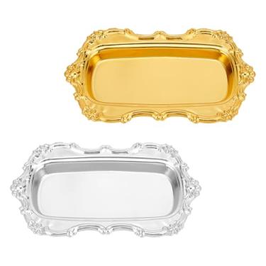 Imagem de OLYCRAFT 2 peças de bandeja de joias vintage 20 x 12 cm prato de bugiganga de joias de ferro vintage placa esculpida pequena bandeja organizadora de perfume para fotógrafo de casamento cerimônia de