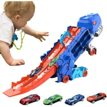 Imagem de Caminhão Dinossauro Cegonha 3 em 1, Transportador de Carrinhos com Dupla Pista e Lançador, Material Resistente,