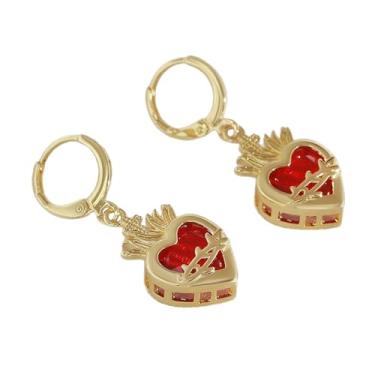 Imagem de CHUQIU Brincos de zircão vermelho Sagrado Coração de Jesus para mulheres Imaculado Coração de Maria Pingente Cruz Joias para Natal, aniversário, Ação de Graças, Dia dos Namorados, Latão, Zircônia