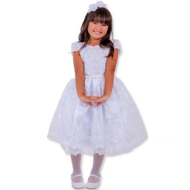 Imagem de kit vestido tutu branco infantil menina c/ laço de cabelo para batizad