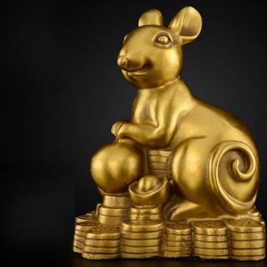 Imagem de FENNYYAR Estátua de rato de latão com ornamento do zodíaco chinês, 14 cm, entrada da sala de estar e decoração de escritório