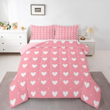 Imagem de Erosebridal Jogo de cama solteiro com coração rosa blush, corações de amor, fofo, branco, coração de amor, estampa rosa, romântico, 2 peças, enchimento de edredom