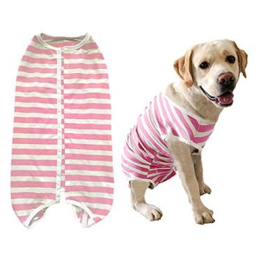 Imagem de Kukaster Pet Camiseta Dog's Recovery Suit pós-cirurgia para cães e mulheres, roupas alternativas de proteção contra ferimentos com coleira eletrônica (listras brancas rosa - 4GG)