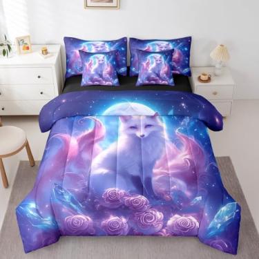 Imagem de Homewish Jogo de lençol casal com estampa de raposa, reversível, animal, azul, galáxia, lua, estrelas, rosa, rosa, floral, lençol com elástico e lençol de cima