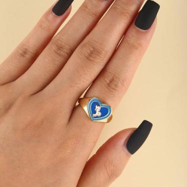 Imagem de 1 peça única, anel aberto de liga de ouro em forma de coração azul esmaltado para mulheres, perfeito para encontros diários ou como presente