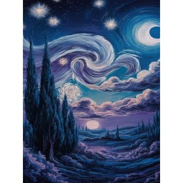Imagem de GXGLLPZBY Kit de pintura por números para adultos iniciantes, noite estrelada, floresta misteriosa, pintura por números, kits de pintura por números em tela, pintura acrílica com números a óleo