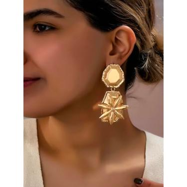 Imagem de Brincos femininos, brincos retangulares com pingente geométrico simples, adequados para uso diário e férias, dourado