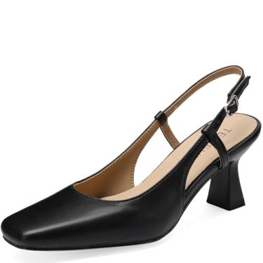Imagem de TEAIEUI Sapato social feminino com salto slingback bico fechado 6 cm salto baixo gatinho com tira ajustável no tornozelo para trabalho, escritório, casamento, noite, Preto, 35