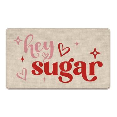Imagem de Livcoz Tapete de porta da frente de boas-vindas para o Dia dos Namorados, Hey Sugar Red Pink Love Hearts Tapete decorativo antiderrapante para entrada, aniversário, casamento, interior, exterior