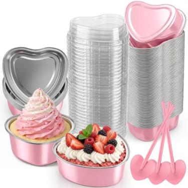 Imagem de Blushtier Conjunto de 120 formas de bolo em forma de coração com tampas, colheres para assar 100 ml, copos de cupcake de folha de alumínio, mini colheres de plástico descartáveis, recipientes de