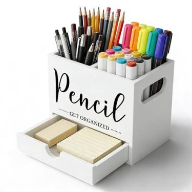 Imagem de First-zgel Suporte de caneta para mesa, organizador de lápis de madeira com gaveta, suporte de marcador com 2 compartimentos, copo de lápis para casa, escritório, sala de aula, materiais para