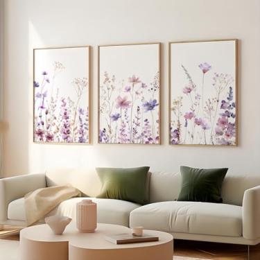 Imagem de Impressão de arte de parede de 3 peças de pôster de flores silvestres roxas pintura de parede em tela floral lavanda para decoração de quarto de casa e quarto de menina com moldura interna