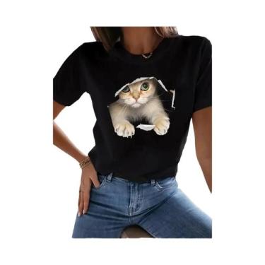 Imagem de Camiseta Feminina Casual De Manga Curta Com Estampa De Gato Fofa Estil