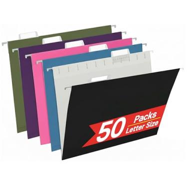 Imagem de 50 pacotes de pastas de arquivo suspensas, pastas de arquivo de tamanho carta de cores sortidas com abas ajustáveis de 1/5 para escritório/casa/escola, decoração, gaveta, mesa e armário (preto, azul