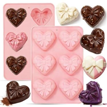Imagem de 2 moldes de silicone em forma de coração com laços, moldes antiaderentes para chocolate, doces, gomas, cubos de gelo, sabão, mousse e velas