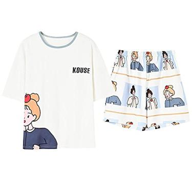 Imagem de 3FLQOOPP Pijamas para mulheres, conjuntos de pijama de desenho animado, manga curta, gola redonda, tamanho grande, roupa de casa (branco 2X)