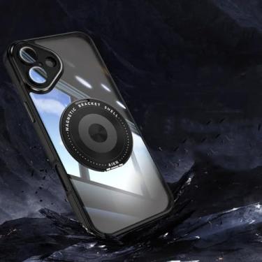 Imagem de SFDSUH Capa transparente de luxo com suporte giratório e fecho magnético para iPhone 16 Pro Max, com película protetora para lente (Preta)