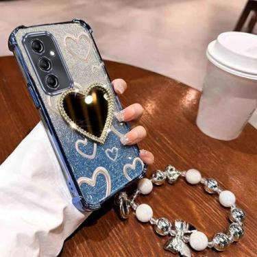 Imagem de Capa de celular espelhada com alça de pulso e airbag, glitter e coração, para Samsung Galaxy A13, A14, A15, A16, A23, 34, A35, A36, A54, A55, 4G e 5G, azul, para Samsung A14 4G