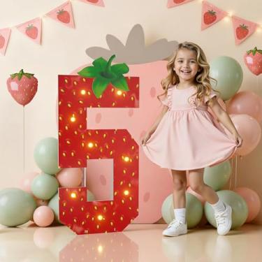 Imagem de Decorações de festa de aniversário de morango para casa, número 5 para letreiro de papelão de espuma de 9 m, decorações de aniversário com tema de morango, números iluminados 5