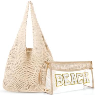 Imagem de Aliceset Pacote com 2 sacolas de praia de malha de crochê com bolso de remendo de letras, bolsa de praia de verão boêmia de palha transparente, Bege