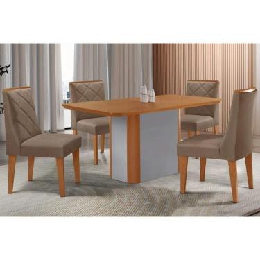 Imagem de Conjunto: Mesa Sala Jantar Pietá Tampo Curvo 120cm+4 Cadeiras Pietá Madeira Naturale/Off White - Capuccino/Suede Capuccino - Rufato