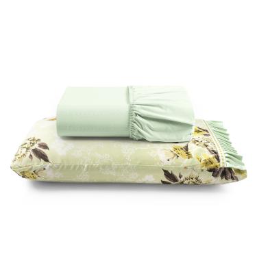 Imagem de Jogo Cama Lençol Fiore Solteiro Estampado 180 Fios 100% Algodão com Babadinho 2 Peças Verde Floral