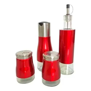 Imagem de Galheteiro De Vidro E Saleiros Com Aço Inox 4 Peças