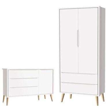 Imagem de Cômoda Infantil Com Porta E Guarda Roupa 2 Portas Theo Branco Acetinado Pés Madeira Natural - Reller