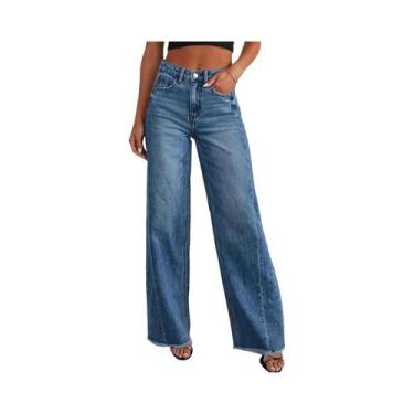 Imagem de Calças Jeans Femininas De Cintura Alta, Perna Larga, Ajuste Slim, Comp