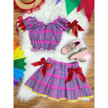 Imagem de Conjunto Xadrez Junino Infantil Rosa Lilás Cropped Saia Festa Junina C