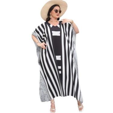 Imagem de Cardigan Beach Cover Up Plus Size feminino com listras boho - Taiyuank