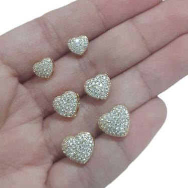 Imagem de Trio Brinco Pedra Zirconia Coração F Ouro Dourado Folheado - De Castro