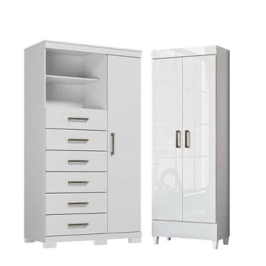 Imagem de Cômoda 1 porta 6 gavetas Marabá com Armário Multiuso Fit Branco Brilho