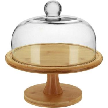 Imagem de Prato Bolo Com Pé 27X26X26Cm Bambu Natural Tampa Vidro - NH