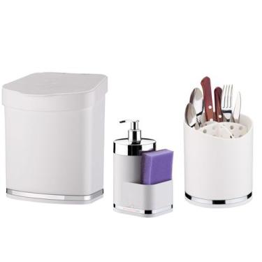 Imagem de Kit Cozinha 3 Peças Lixeira 2,5L Escorredor Talheres Dispenser Deterge
