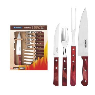 Imagem de Kit para Churrasco Tramontina em Aço Inox com Cabo Vermelho Polywood 14 Peças Tramontina