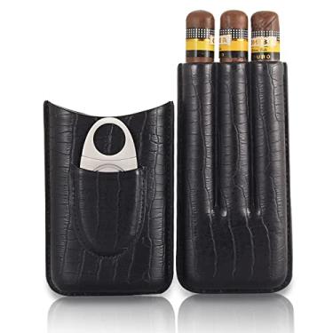 Imagem de Suporte de charuto portátil de 3 dedos, estojo de charuto de couro com cortador de charuto de aço inoxidável, caixa de tubo de charuto de viagem para umidor presente para homens e mulheres amigos, preto