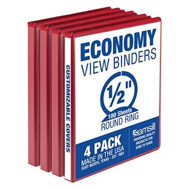 Imagem de Samsill Fichário de 3 anéis de 1,27 cm, feito nos EUA, anel redondo econômico, capa de visualização transparente, capacidade para 100 folhas - para escola, casa, escritório - vermelho, pacote com 4